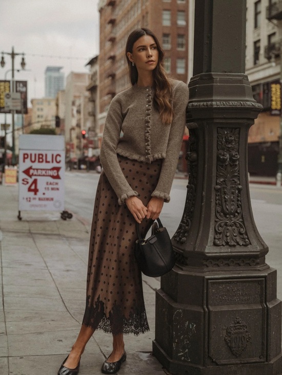 Mable Dresses & Skirts - Mable Chocolate Brown Polka Dot Lace Hem Midi Skirt